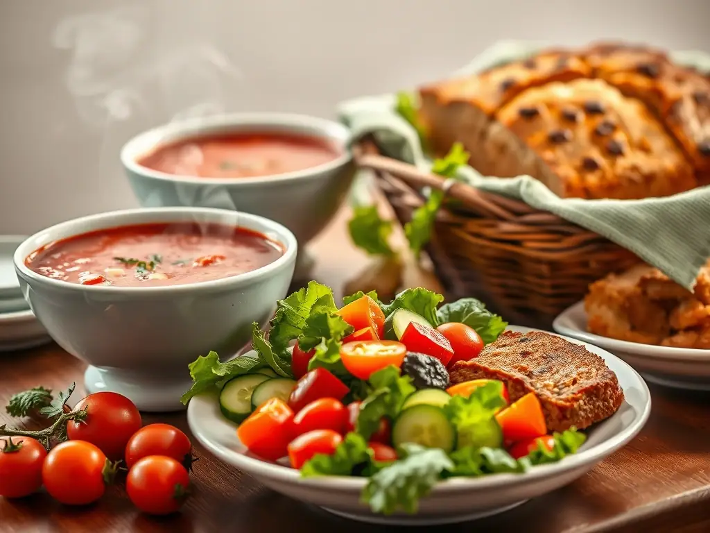 A tempting display of the ALL-YOU-CAN-EAT offerings, featuring a bowl of steaming soup, a fresh garden salad with colorful vegetables, and a basket of warm, golden-brown garlic homeloaf, arranged on a buffet table.