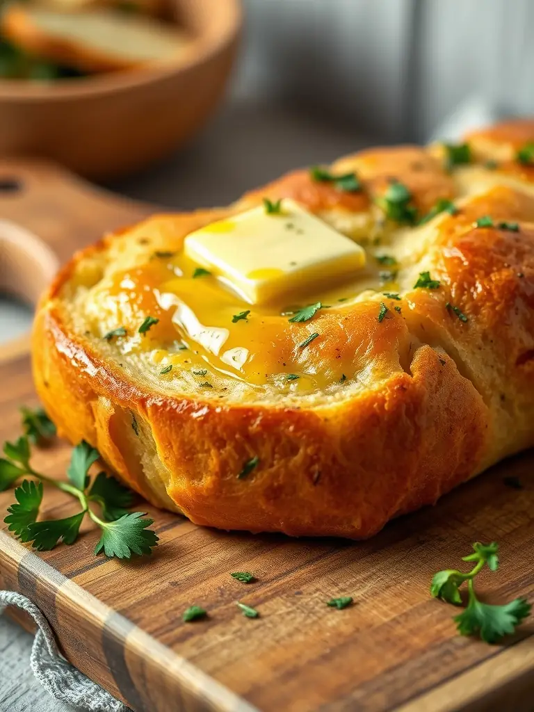 A vibrant, close-up shot of East Side Mario's signature Garlic Homeloaf, showcasing its golden-brown crust and garlic-infused butter, presented on a rustic wooden board.