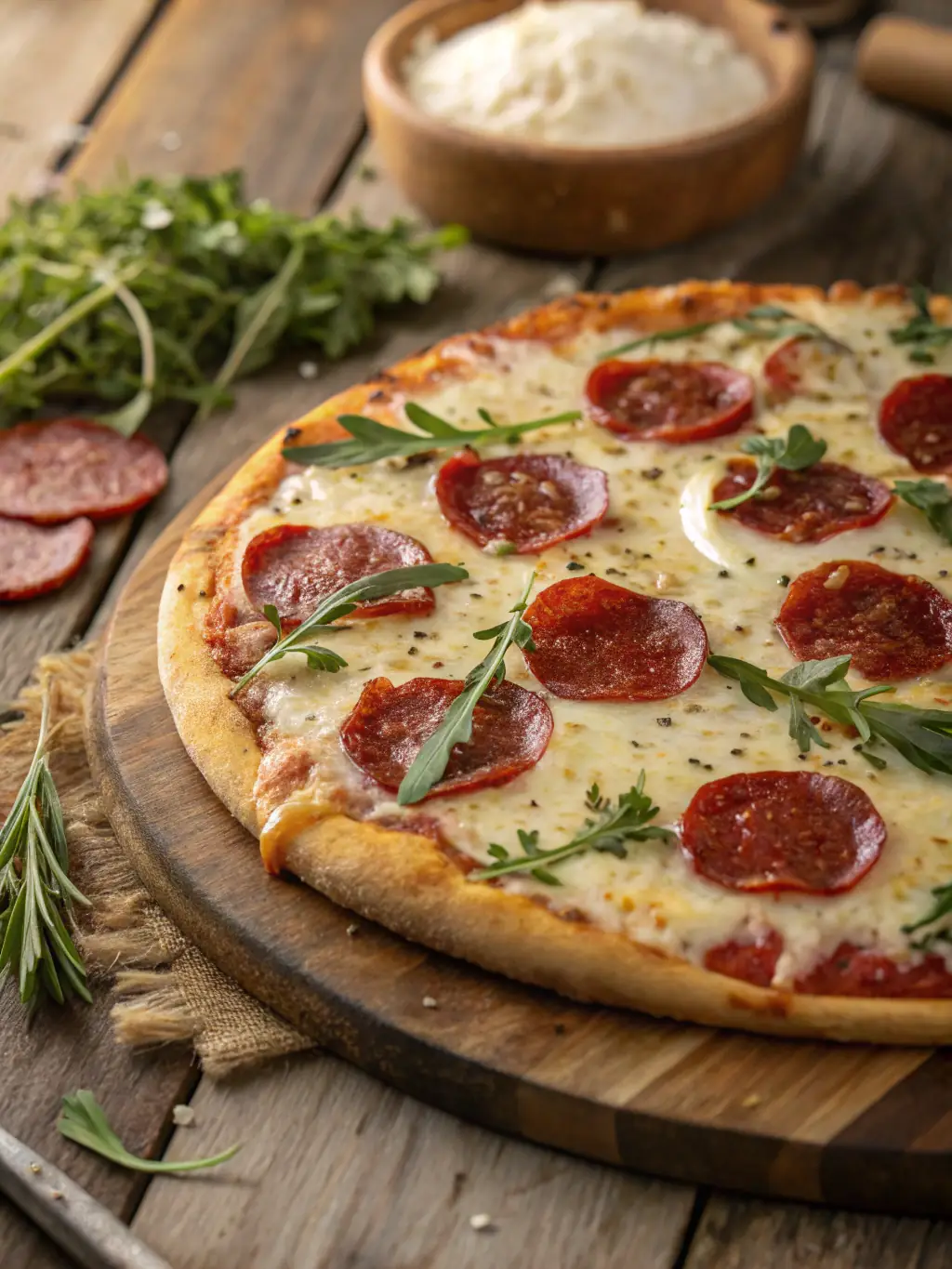 A tempting photo of East Side Mario's Pepperoni Pizza, featuring a crispy crust, melted mozzarella cheese, and generous slices of pepperoni.