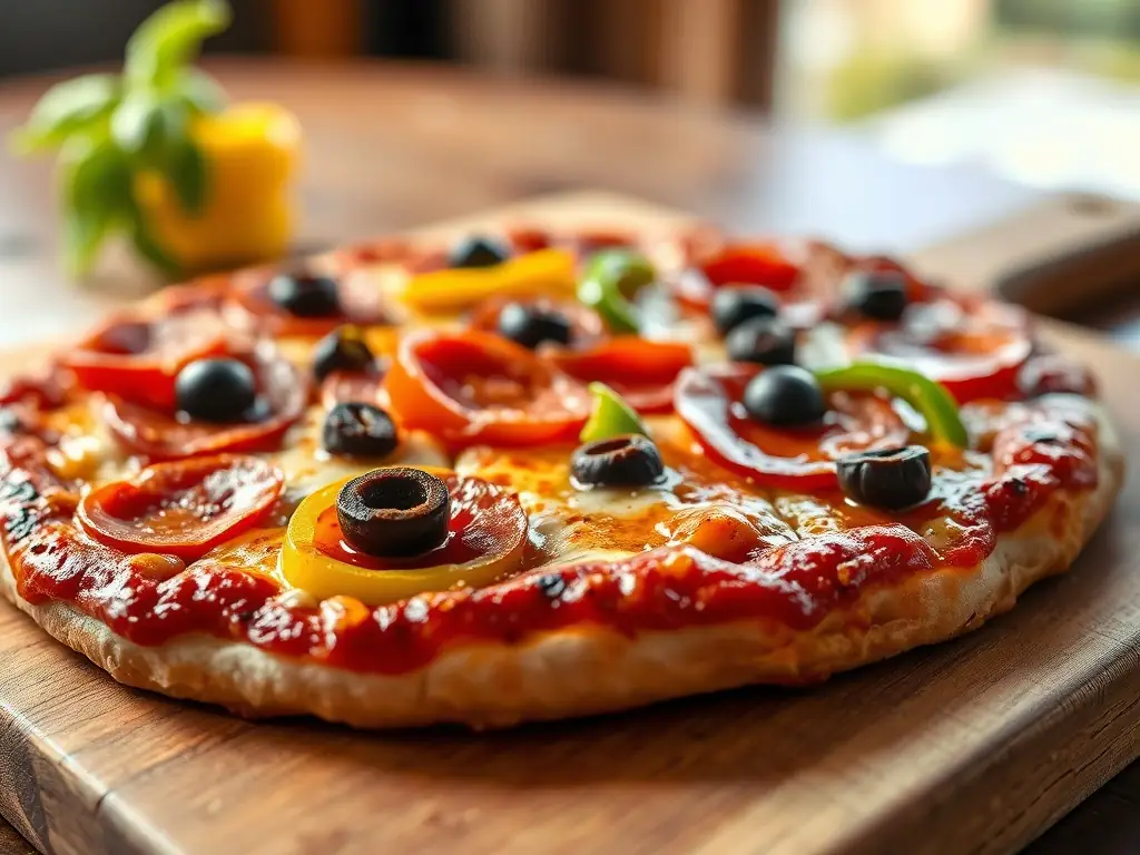 A close-up shot of a freshly baked pizza with a crispy crust, bubbling cheese, and colorful toppings like pepperoni, mushrooms, and bell peppers, presented on a pizza peel ready to be served.