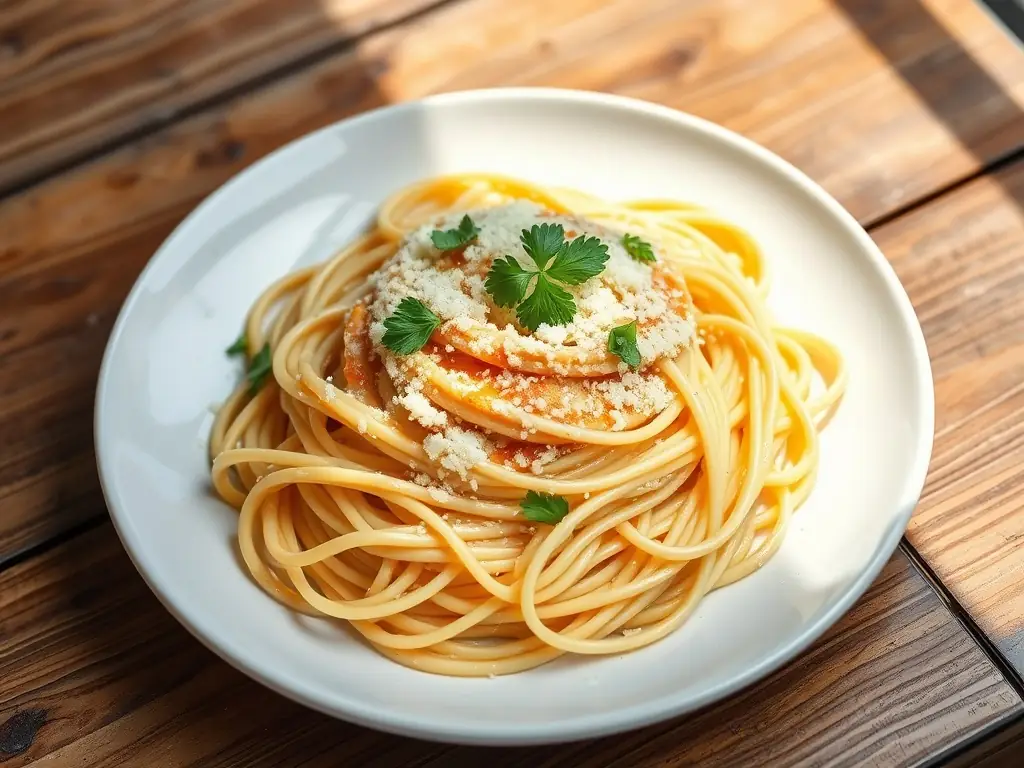 A vibrant, overhead shot of a steaming plate of spaghetti carbonara, showcasing the creamy sauce, crispy pancetta, and freshly grated Parmesan cheese, set against a rustic wooden table with a checkered tablecloth.