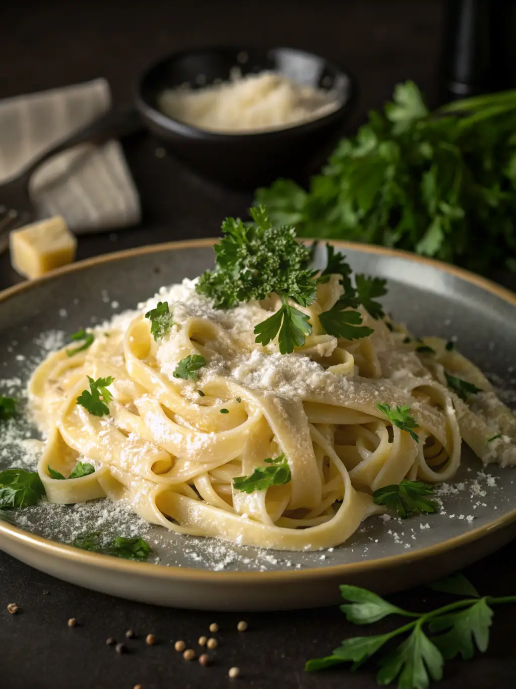 A colorful image of a plate of East Side Mario's Fettuccine Alfredo, highlighting the creamy sauce and freshly grated Parmesan cheese, garnished with parsley.
