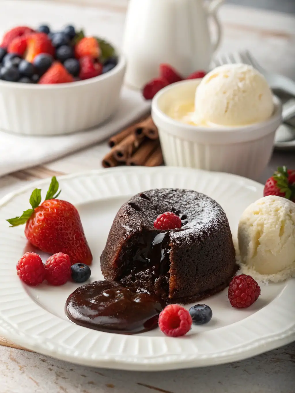 An appealing image of East Side Mario's Chocolate Lava Cake, with molten chocolate oozing out, served with a scoop of vanilla ice cream and a dusting of cocoa powder.